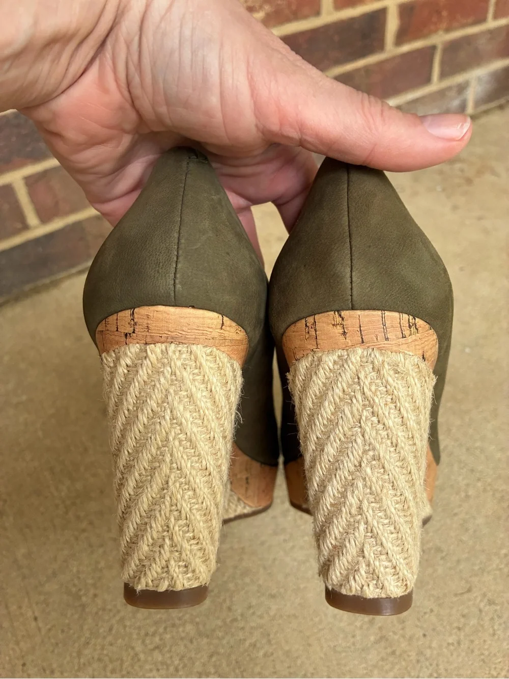 Cole Haan Jocelyn Olive Suede Peep-Toe Espadrille Wedge Heels size 8.5